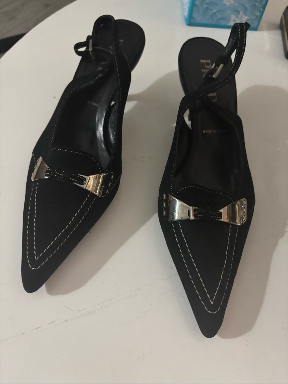 Vintage Prada Black Slingback Kitten Heels Contrast Stitch IT 38 - Picture 3 of 14